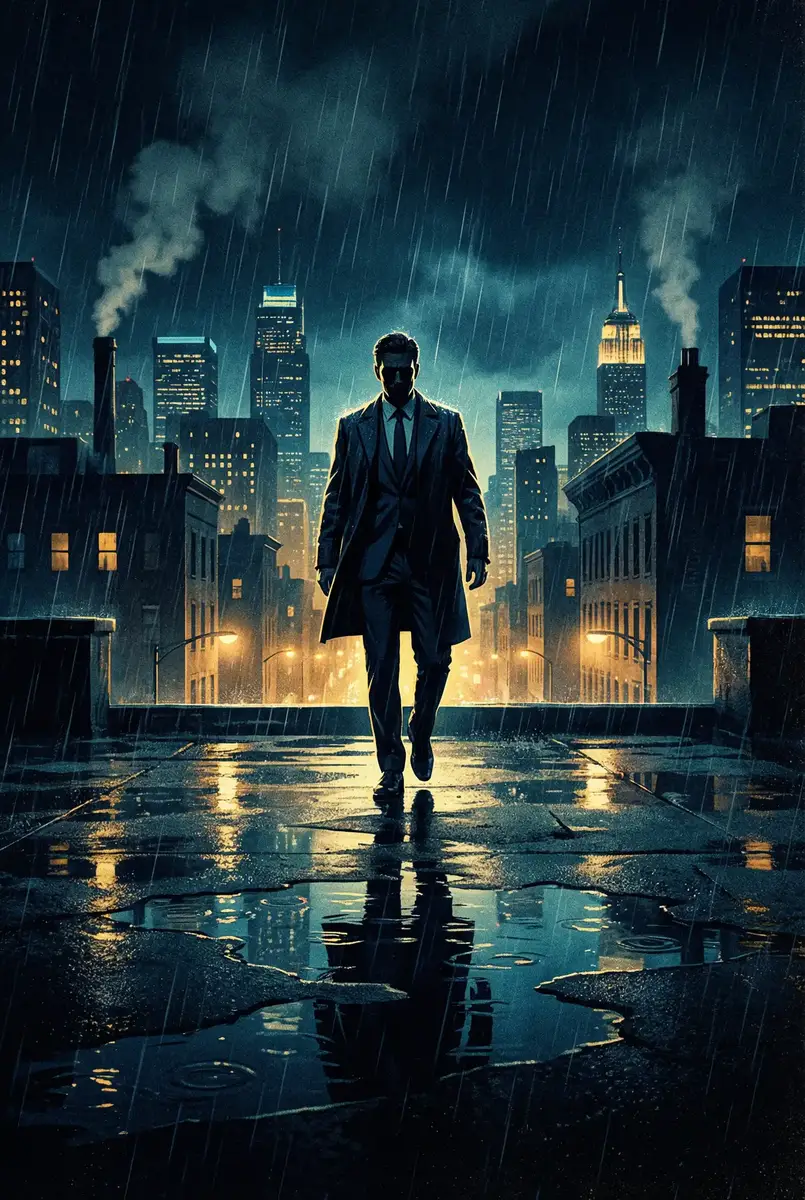 女枪炮刷图加点 出品影片《雨夜独行者》海报，雨中城市屋顶男性剪影